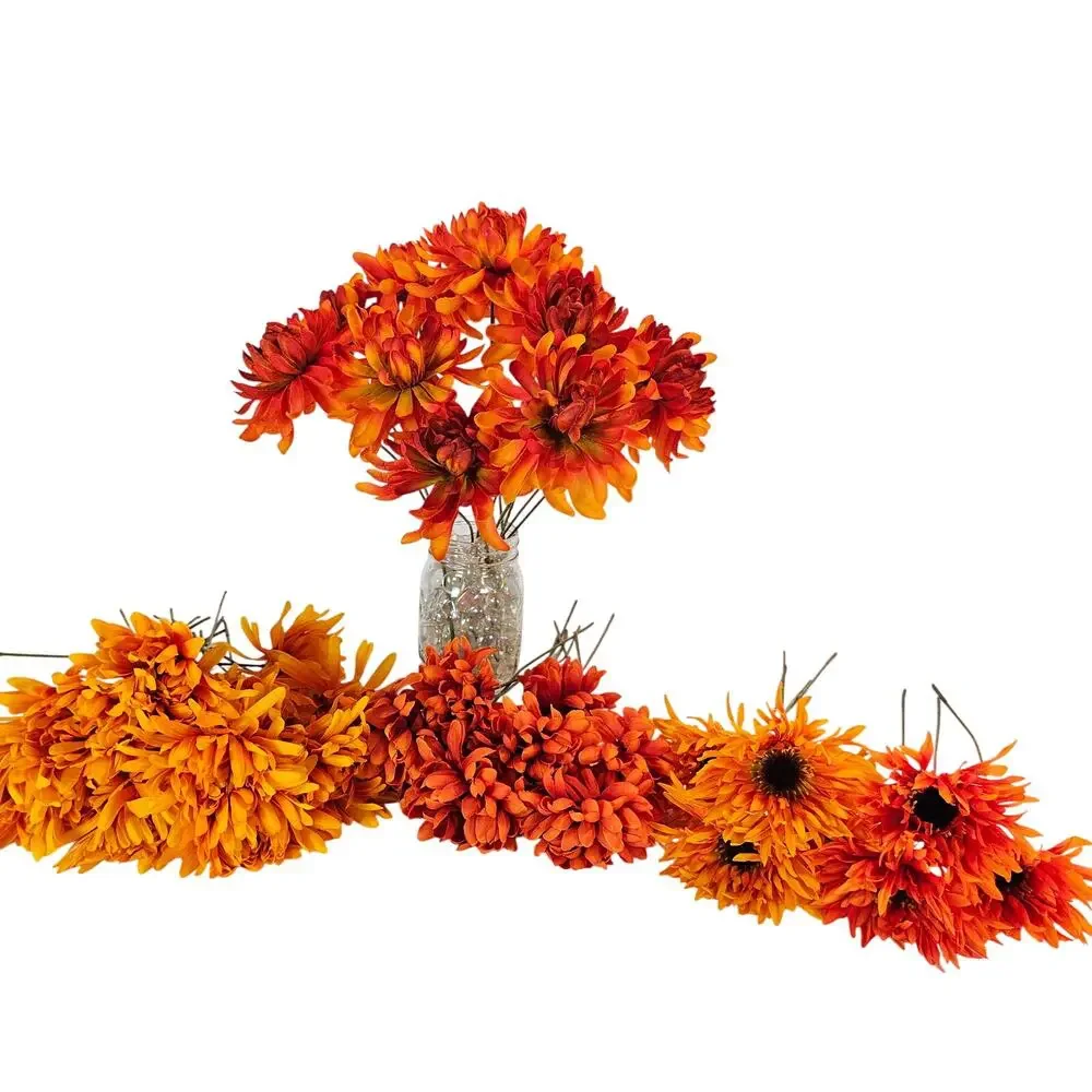 Artificial Fall Silk Flower Stems 41pc Orange Yellow Rust Mum Daisy Floral Decor